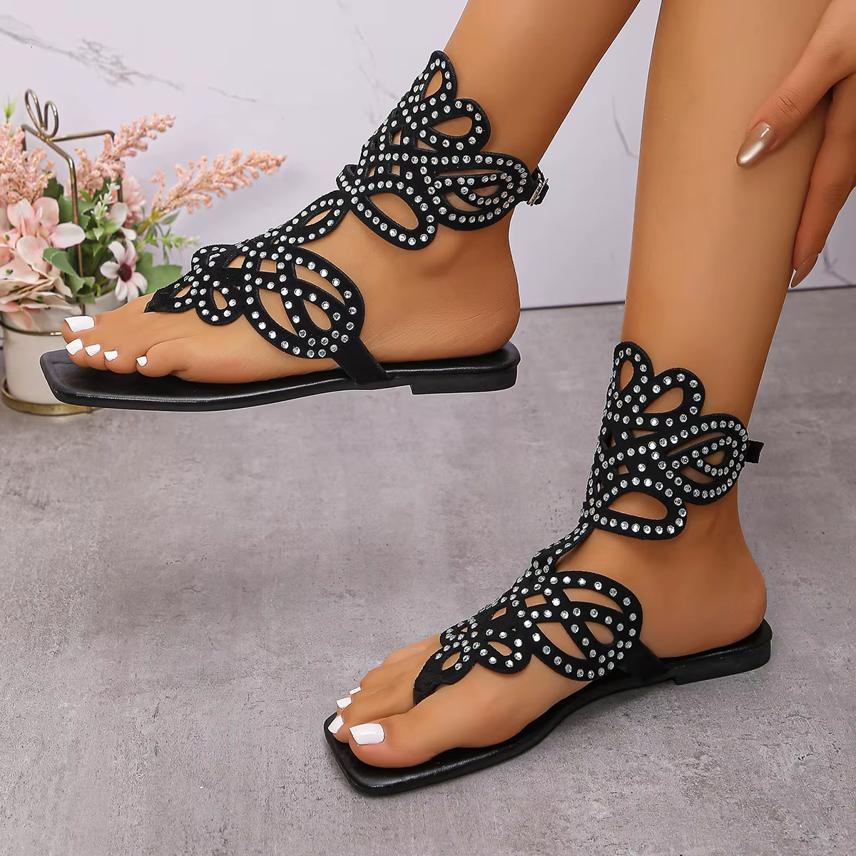 Casual Square Toe Crystal Embellished Openwork Flats Sandals