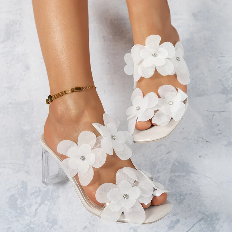 Casual Square Toe Floral Mules Lace Flower Pvc Sandals - Image 3