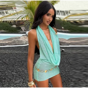 Casual Stacked V Neck Halter Sleeveless Backless Bodycon Mini Knitted Dress