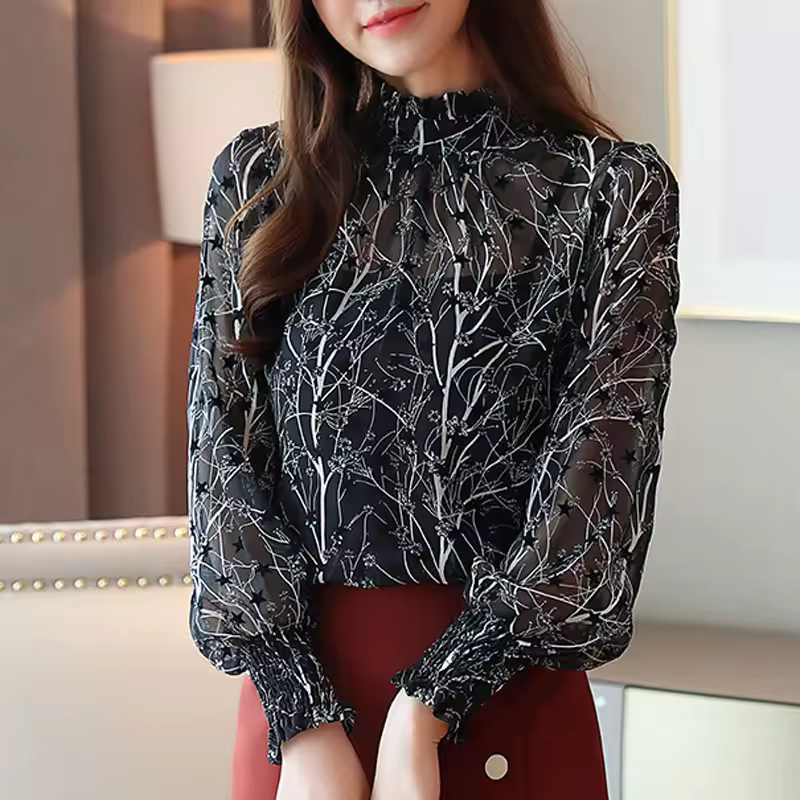 Casual Stand Collar Floral Chiffon Long Sleeve Printed Blouses - Image 5