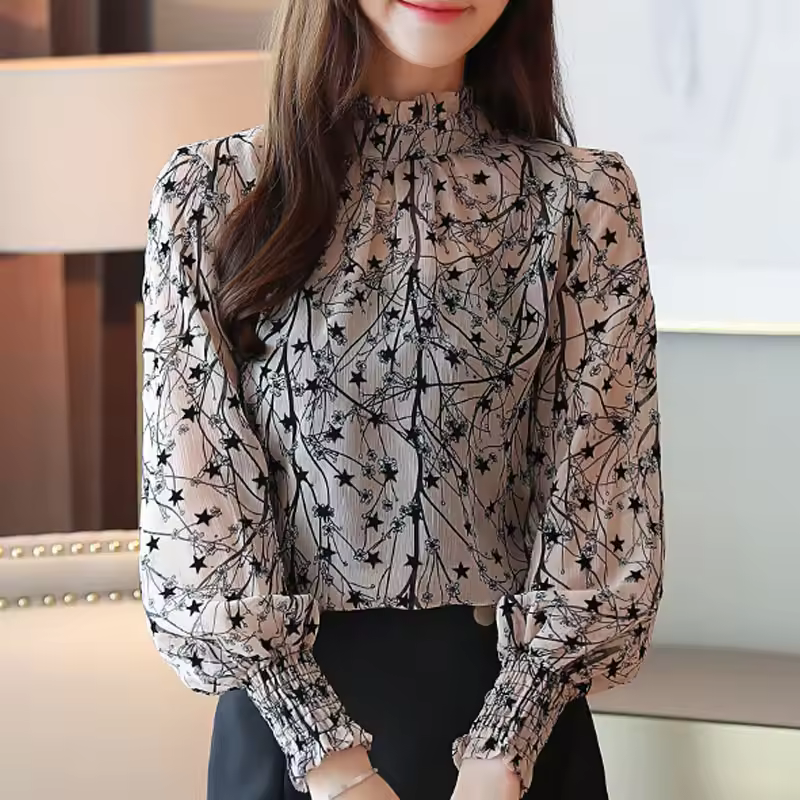 Casual Stand Collar Floral Chiffon Long Sleeve Printed Blouses - Image 2