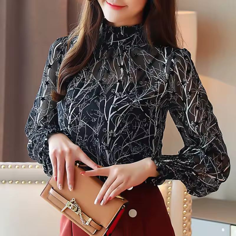 Casual Stand Collar Floral Chiffon Long Sleeve Printed Blouses - Image 4