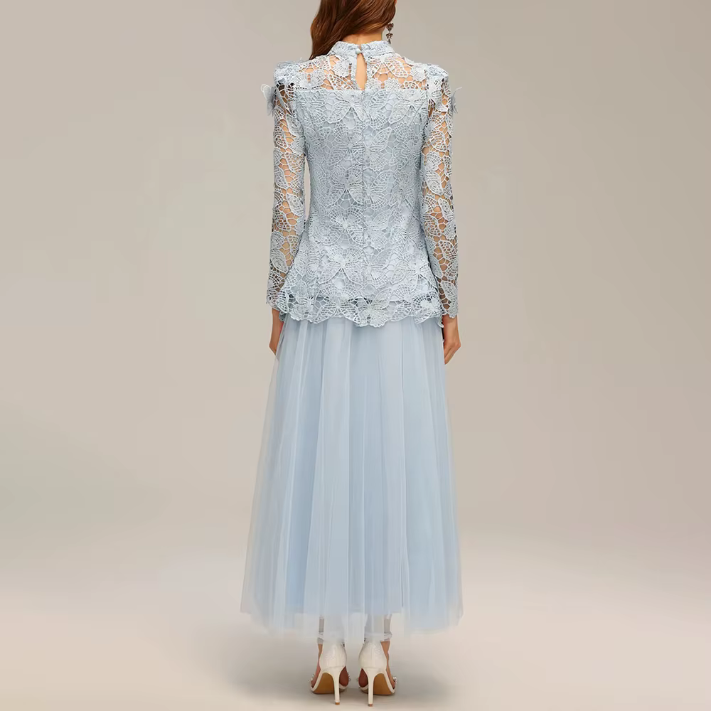 Casual Stand Collar Long Sleeve Spliced Applique Top High Wasit Patchwork Mesh Skirt Two Piece Sets - Image 5