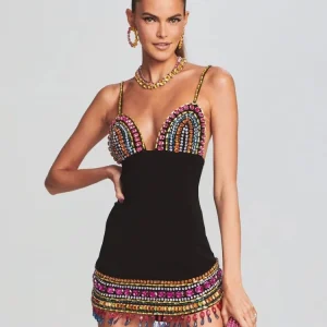 Casual Strap V Neck Crystal Sleeveless Bandage Diamonds Bodycon Mini Dress