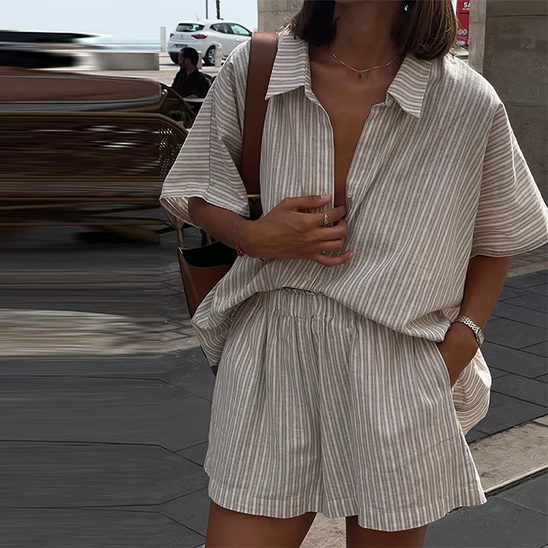 Casual Stripe Single Breasted Half Sleeve Shirts And Shorts Loose 2 Piece Set - Image 2