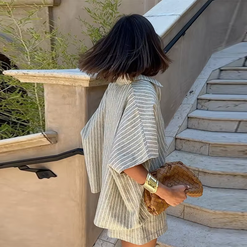 Casual Stripe Single Breasted Half Sleeve Shirts And Shorts Loose 2 Piece Set - Image 11