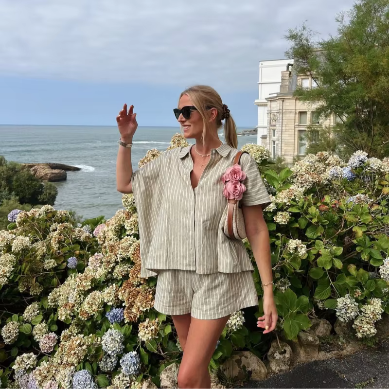 Casual Stripe Single Breasted Half Sleeve Shirts And Shorts Loose 2 Piece Set - Image 7