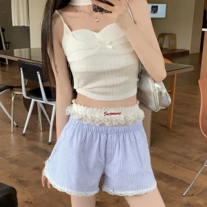 Casual Striped Button Embroidered Elastic Waist Lace Shorts