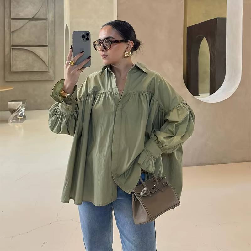 Casual Striped Loose Stand Collar Lace Up Flare Sleeve Pleated Top