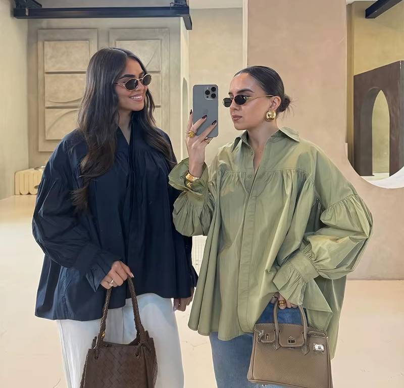 Casual Striped Loose Stand Collar Lace Up Flare Sleeve Pleated Top - Image 5