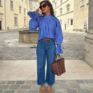 Casual Striped Loose Stand Collar Lace Up Flare Sleeve Pleated Top