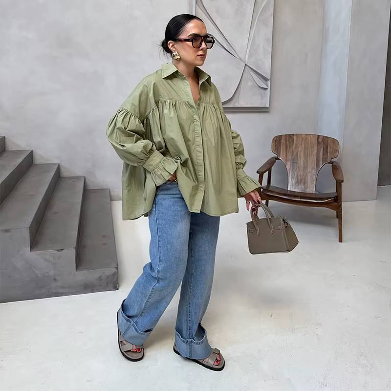 Casual Striped Loose Stand Collar Lace Up Flare Sleeve Pleated Top - Image 2