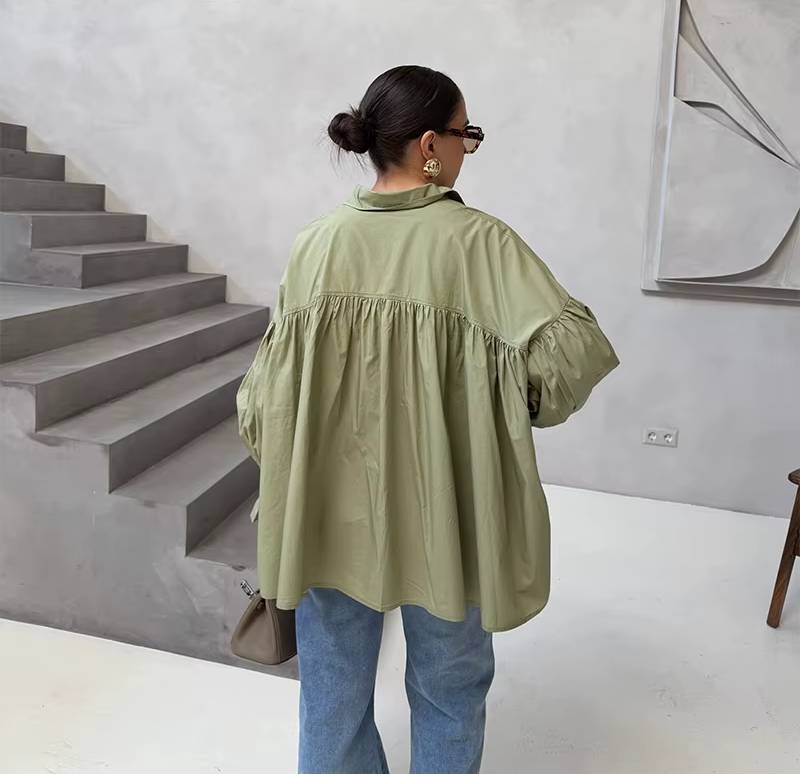 Casual Striped Loose Stand Collar Lace Up Flare Sleeve Pleated Top - Image 3