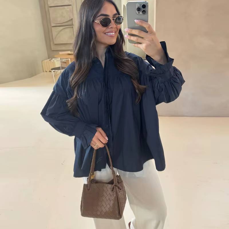 Casual Striped Loose Stand Collar Lace Up Flare Sleeve Pleated Top - Image 6