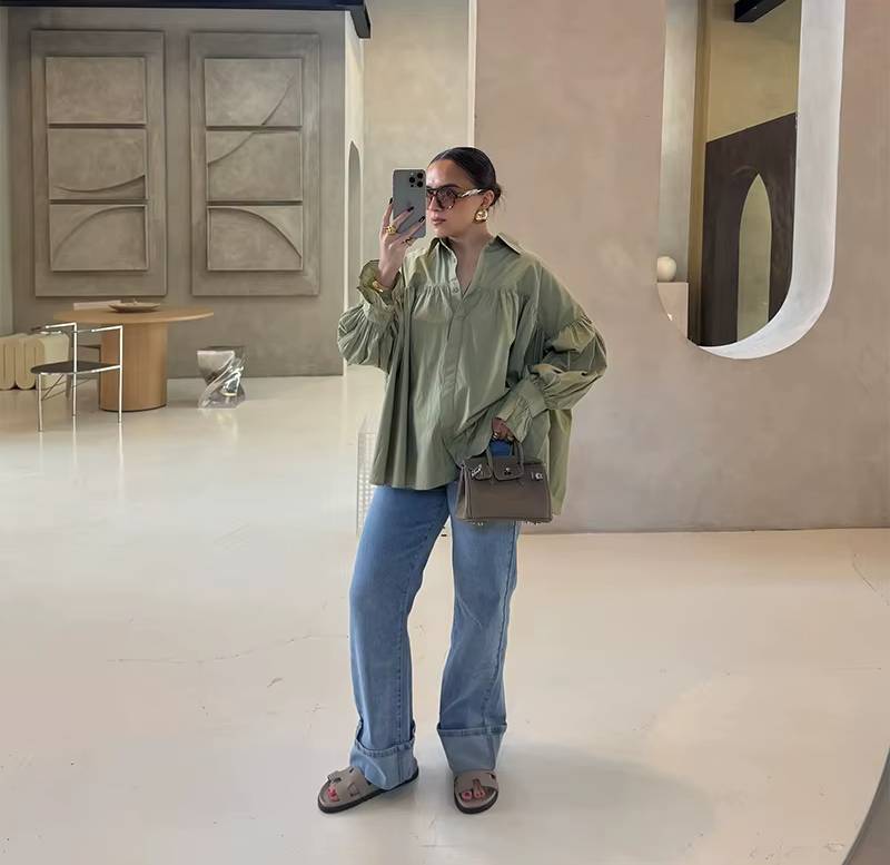 Casual Striped Loose Stand Collar Lace Up Flare Sleeve Pleated Top - Image 4