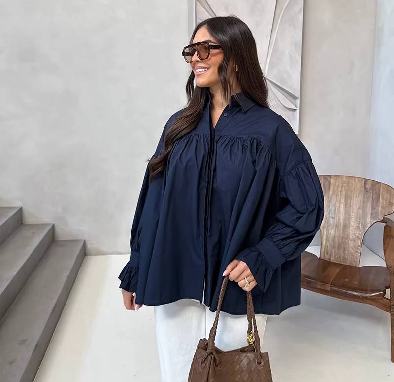 Casual Striped Loose Stand Collar Lace Up Flare Sleeve Pleated Top - Image 7