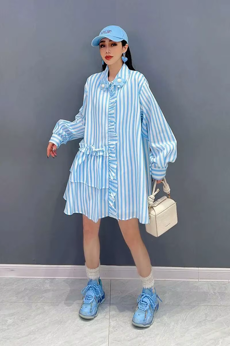Casual Striped Ruffles Design Lapel Full Sleeve Loose Shirt Dress