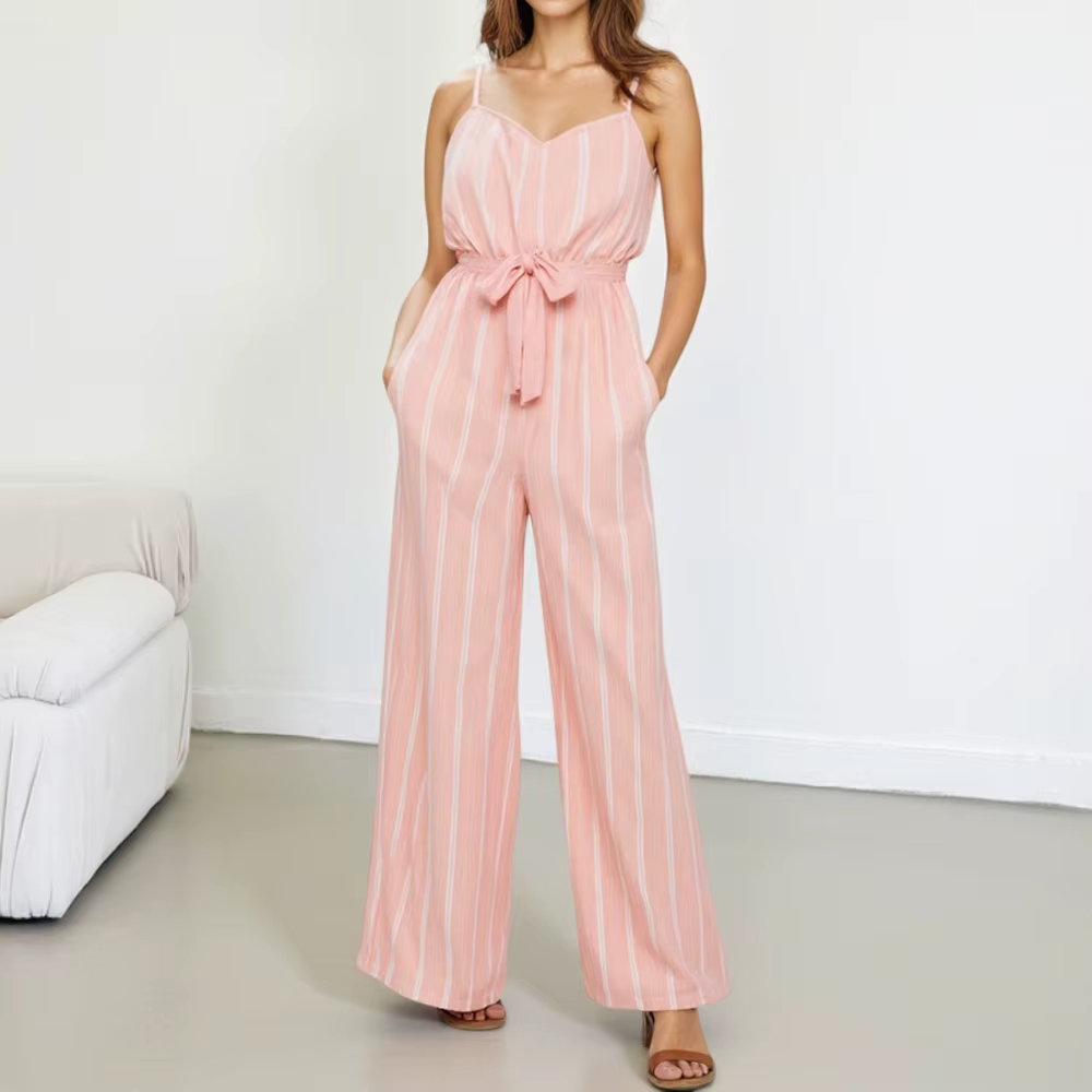 Casual Stripes Sashes Sleeveless Sweetheart Neck Ankle Length Straight Jumpsuits