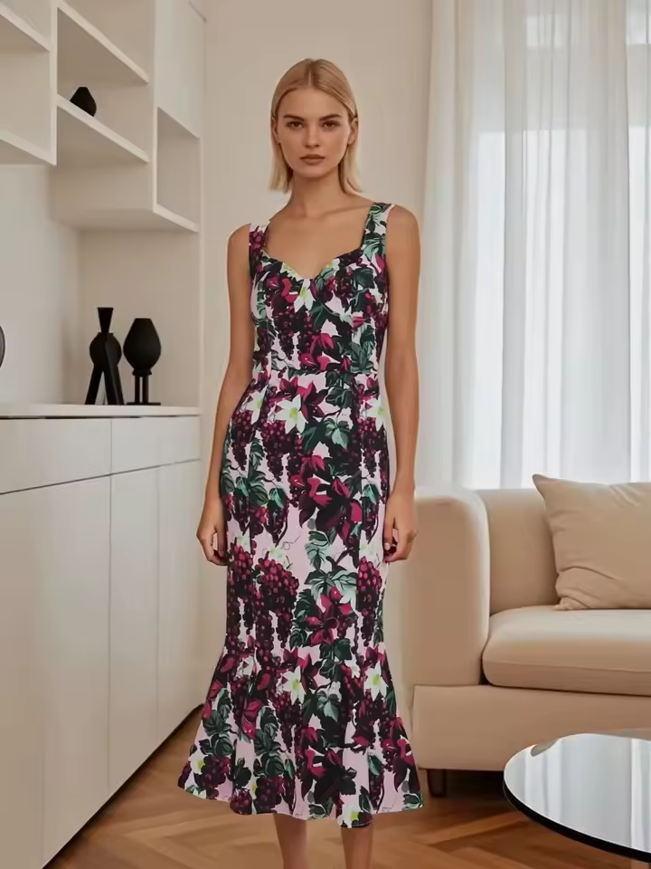 Casual Sweetheart Neck Sleeveless V-Neck Floral And Grape Print Maxi Dress
