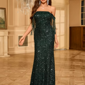 Casual Tassel Sequin Sleeve Tassel Floor-Length Glitter Sequin Formal Dress