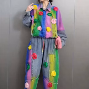 Casual Turn Down Collar 3D Printing Long Sleeve Tops And Mid Waist Loose Pant