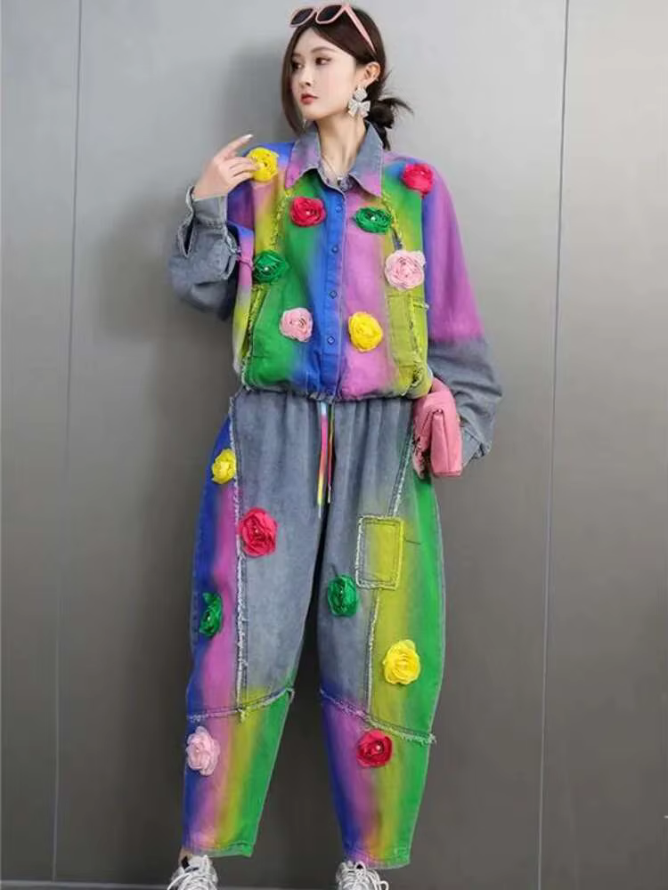 Casual Turn Down Collar 3D Printing Long Sleeve Tops And Mid Waist Loose Pant