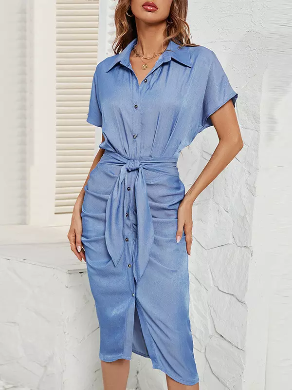 Casual Turndown Collar With Belted Waist And Batwing Sleeves Midi Shirt Dress - Image 3