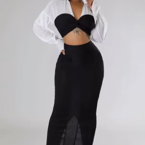 Casual V-Neck Full Sleeve Shirt and Split Long Skirt Suit Night Club Party Two Piece Sets