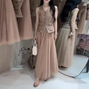 Casual V Neck Sleeveless Solid Single Breasted High Waist Patchwork Skirt Two Piece Set