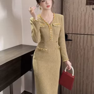 Casual V-Neck Solid Diamonds Vintage Long Sleeve Slim Midi Pencil Dress