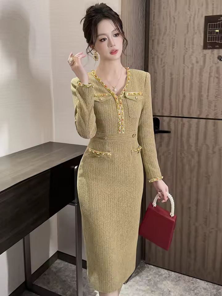 Casual V-Neck Solid Diamonds Vintage Long Sleeve Slim Midi Pencil Dress