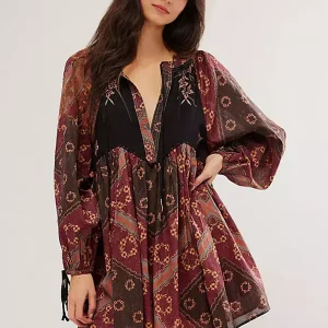 Casual V-neck Printed Over Sized Long Sleeve Lace up Mini Shift Dress