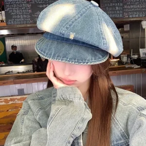 Casual Versatile Retro Tie-dye Hole Design Denim Newsboy Hats