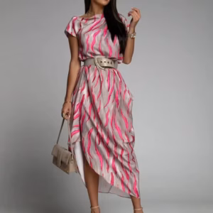 Casual Versatile Street Style Fit And Flare Print With Belt Midi Dress