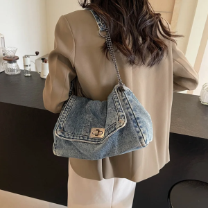 Casual Versatile Trendy All-Match Daily Travel Work Denim Chain Tote Bag