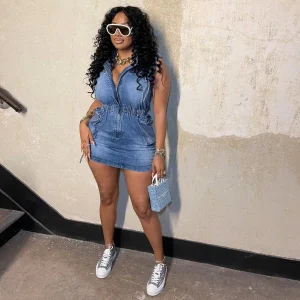 Casual Zipper Sleeveless Denim Pocket Cargo Waist Slim Mini Dress
