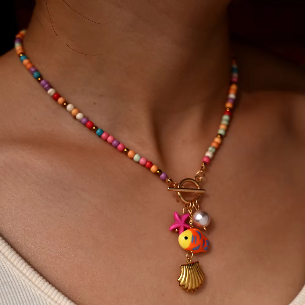 Ceramic Fish Bead Stainless Steel Shell Pendant Choker Necklace