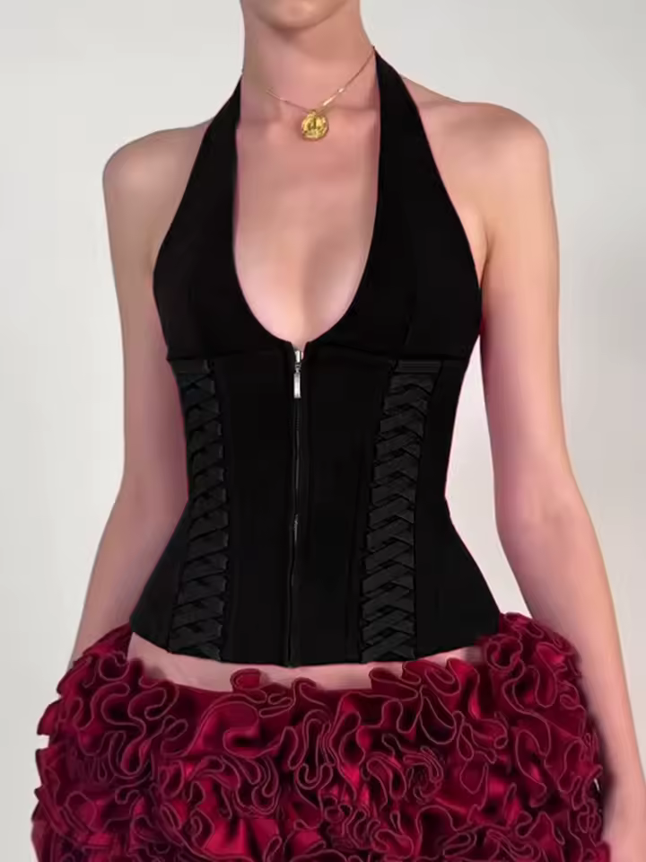 Chic Bandage Design Solid V-Neck Bandage Zipper Slim Top