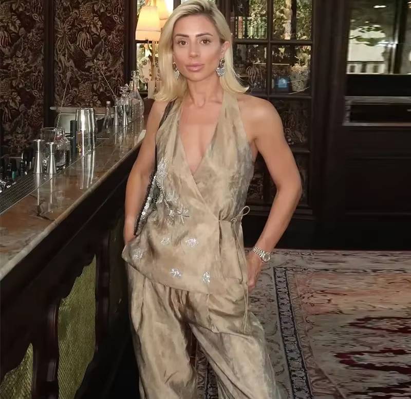 Chic Halter Bead Embroidery Lace Up Backless Sleeveless Tank Top Wide Leg 2 Piece Set - Image 2