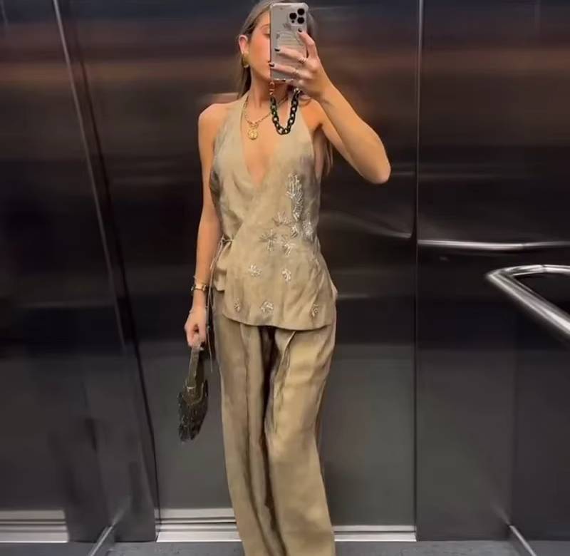 Chic Halter Bead Embroidery Lace Up Backless Sleeveless Tank Top Wide Leg 2 Piece Set - Image 3