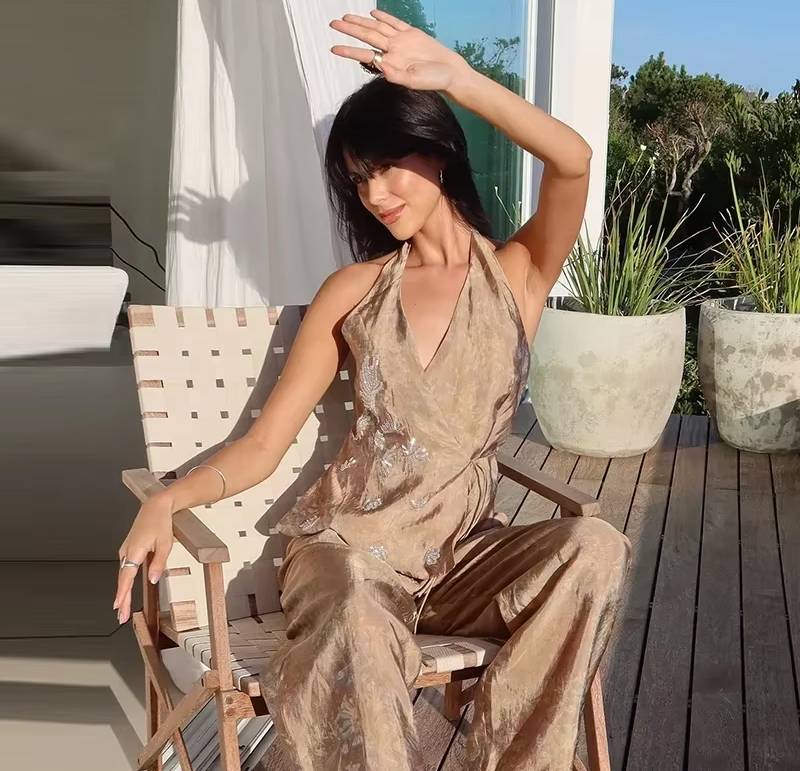 Chic Halter Bead Embroidery Lace Up Backless Sleeveless Tank Top Wide Leg 2 Piece Set - Image 4