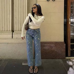 Chic High Waist Street Shinny Straight Zipper Loose Flare Denim Pants