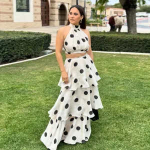 Chic Polka Dots Halter Sleeveless Crop Top Ruffles A-line Long Skirt 2 Piece Set