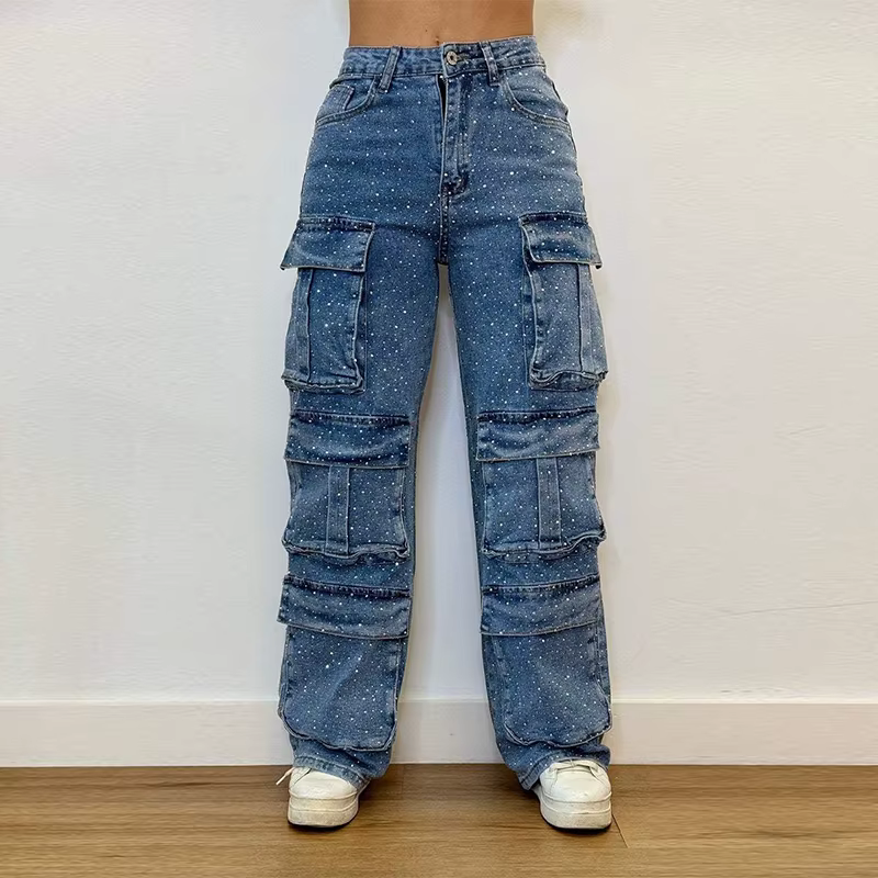 Chic Sequins Multiple Pockets High Waist Button Jean Streetwear - Image 4