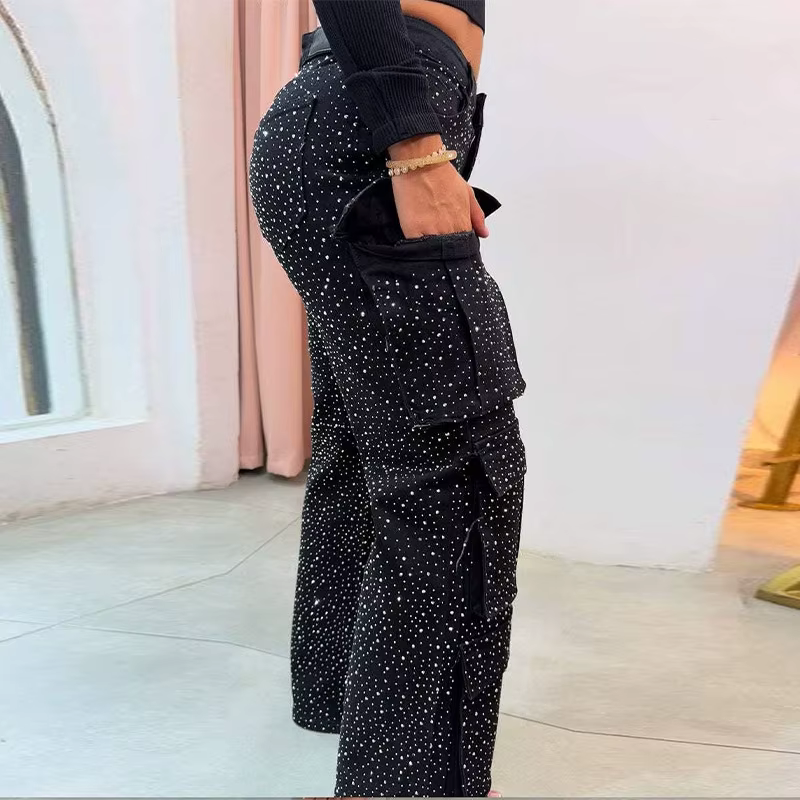 Chic Sequins Multiple Pockets High Waist Button Jean Streetwear - Image 2