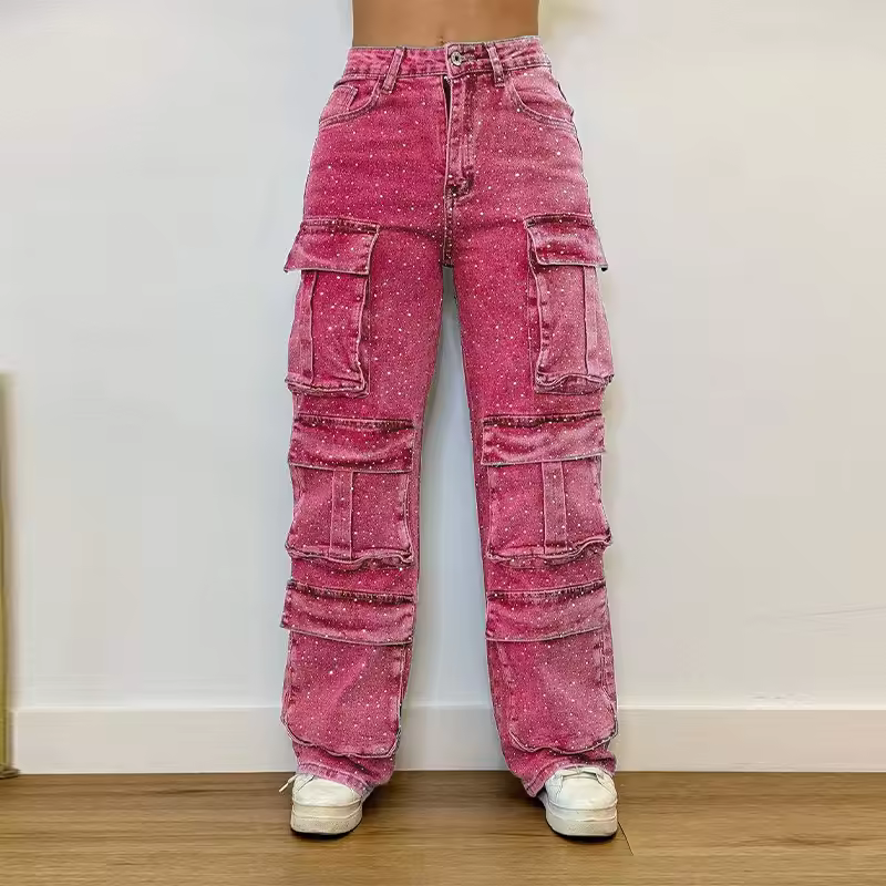 Chic Sequins Multiple Pockets High Waist Button Jean Streetwear - Image 9