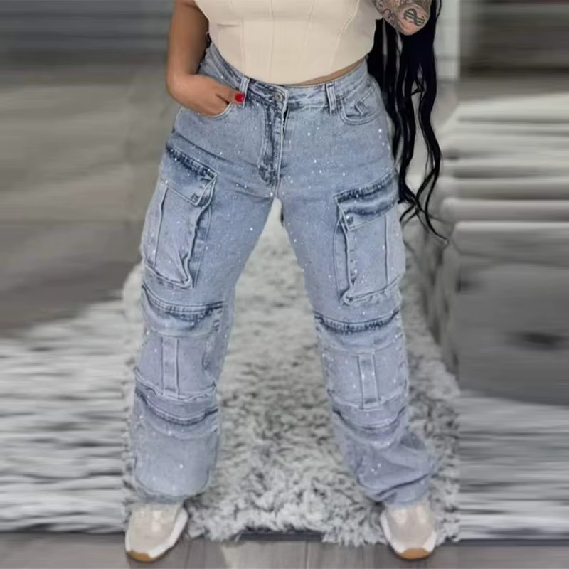 Chic Sequins Multiple Pockets High Waist Button Jean Streetwear - Image 6
