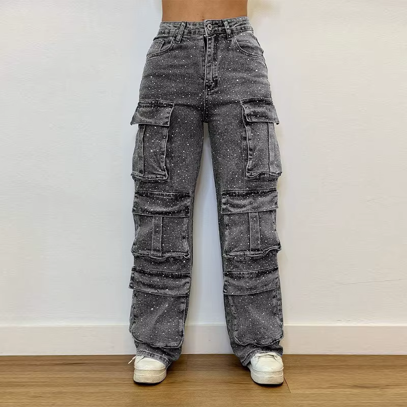 Chic Sequins Multiple Pockets High Waist Button Jean Streetwear - Image 5