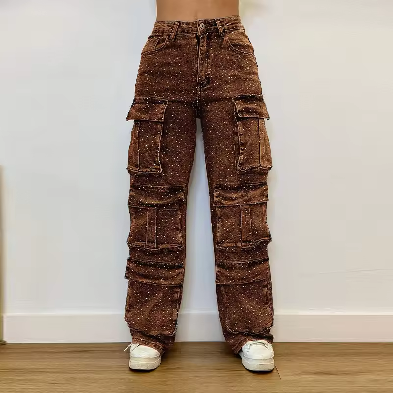 Chic Sequins Multiple Pockets High Waist Button Jean Streetwear - Image 8