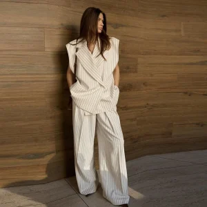 Chic Striped Vest Lapel Sleeveless One Button Tops Wide Leg Loose 2 Piece Sets